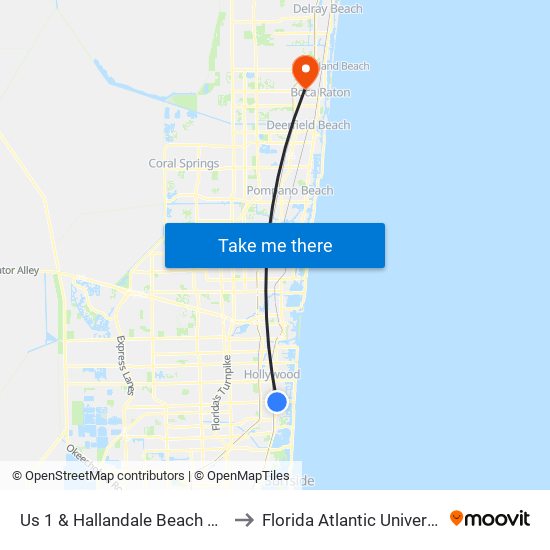 US 1 & Hallandale Beach Blvd to Florida Atlantic University map