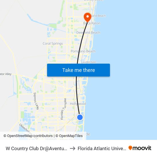 W Country Club Dr@Aventura Bd to Florida Atlantic University map