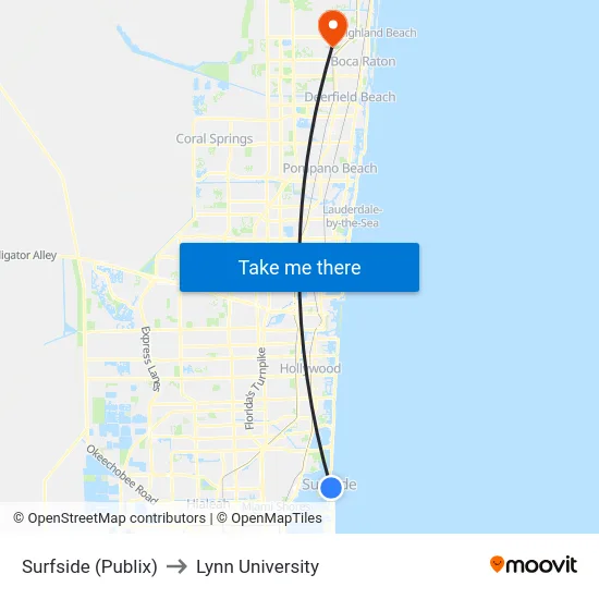 Surfside (Publix) to Lynn University map