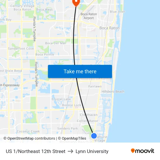 US 1/Northeast 12th Street to Lynn University map