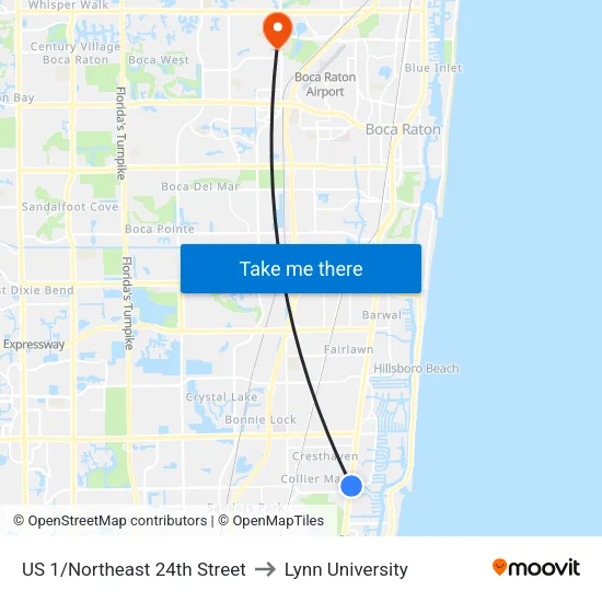 US 1/Northeast 24th Street to Lynn University map