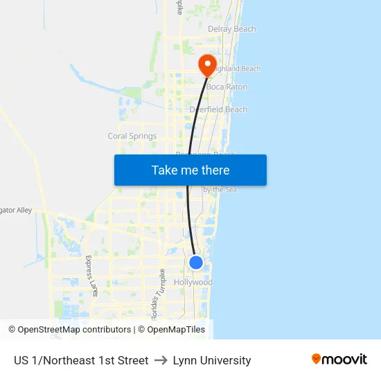 US 1/Northeast 1st Street to Lynn University map