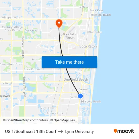US 1/Southeast 13th Court to Lynn University map