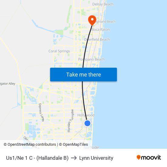 Us1/Ne 1 C - (Hallandale B) to Lynn University map