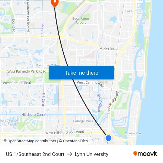 US 1/Southeast 2nd Court to Lynn University map