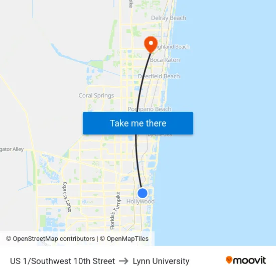US 1/Southwest 10th Street to Lynn University map