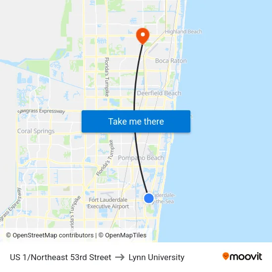 US 1/Northeast 53rd Street to Lynn University map