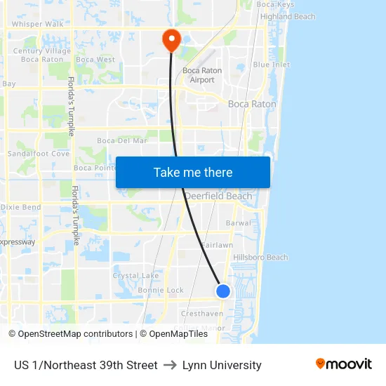 US 1/Northeast 39th Street to Lynn University map