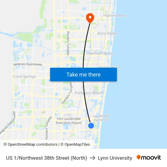 US 1/Northwest 38th Street (North) to Lynn University map