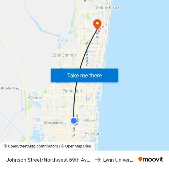 Johnson Street/Northwest 69th Avenue to Lynn University map
