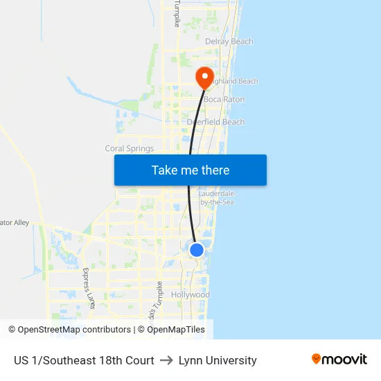 US 1/Southeast 18th Court to Lynn University map