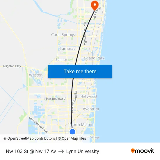 Nw 103 St @ Nw 17 Av to Lynn University map