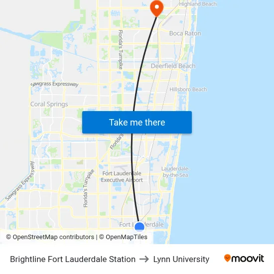Brightline Fort Lauderdale Station to Lynn University map