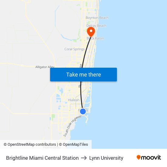 Brightline Miami Central Station to Lynn University map