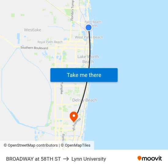 BROADWAY at 58TH ST to Lynn University map