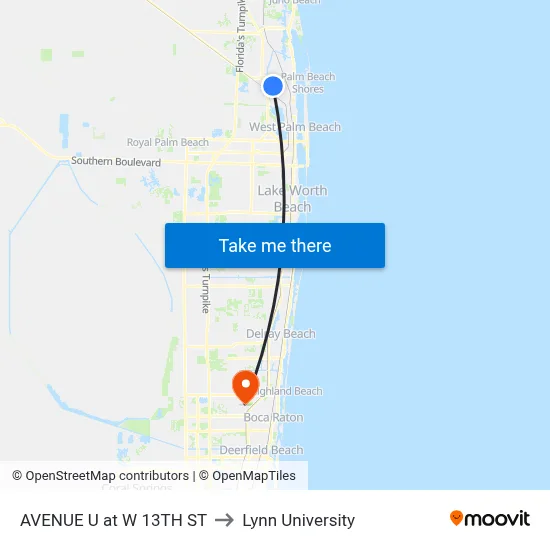 AVENUE U at W 13TH ST to Lynn University map