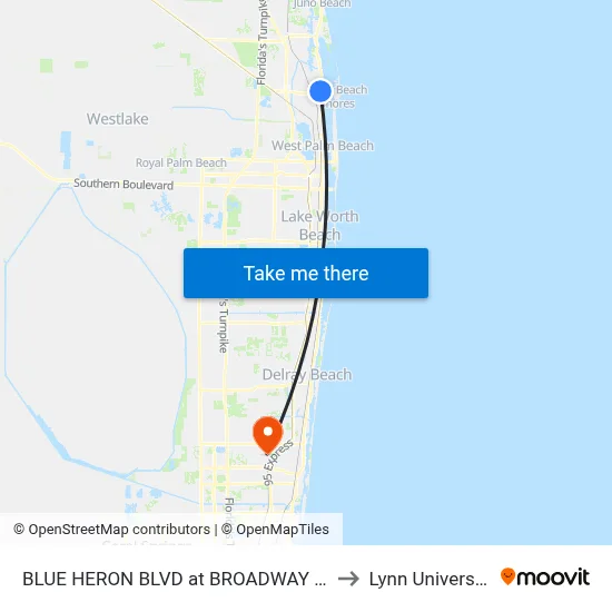BLUE HERON  BLVD at BROADWAY ST to Lynn University map