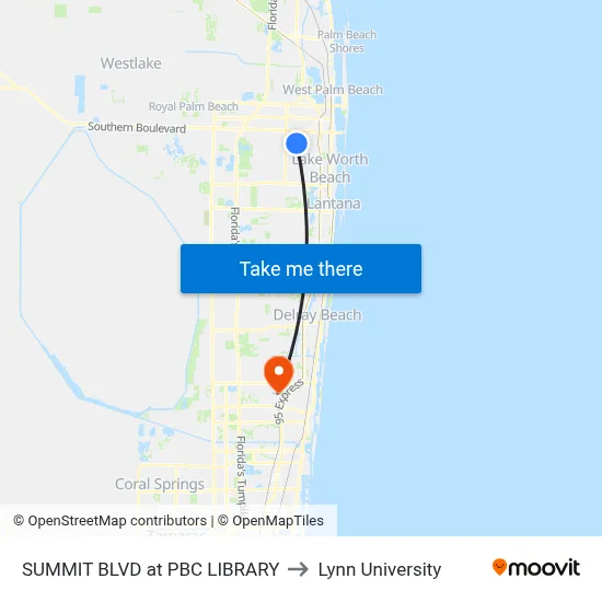 SUMMIT BLVD at PBC LIBRARY to Lynn University map