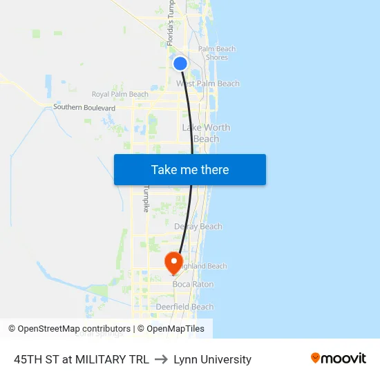45TH ST at  MILITARY TRL to Lynn University map