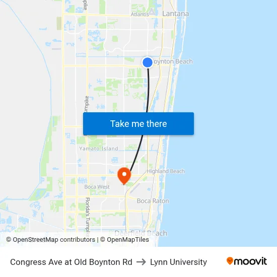 Congress Ave at Old Boynton Rd to Lynn University map