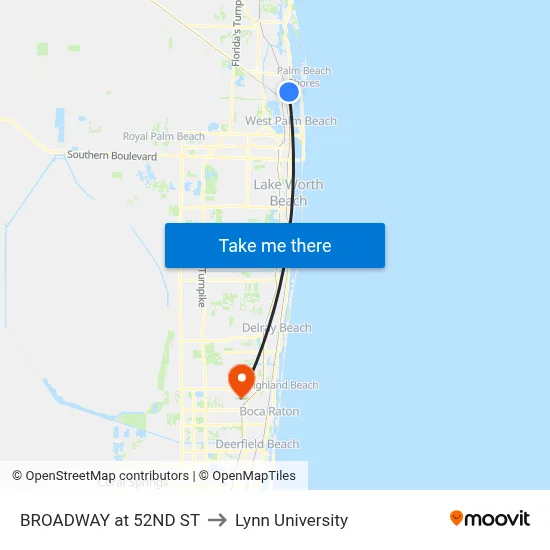 BROADWAY at 52ND ST to Lynn University map