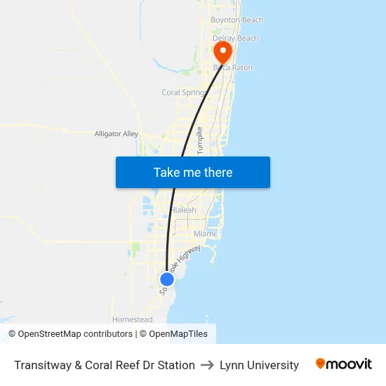 Transitway & Coral Reef Dr Station to Lynn University map