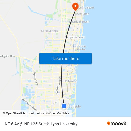 NE 6 Av @ NE 125 St to Lynn University map