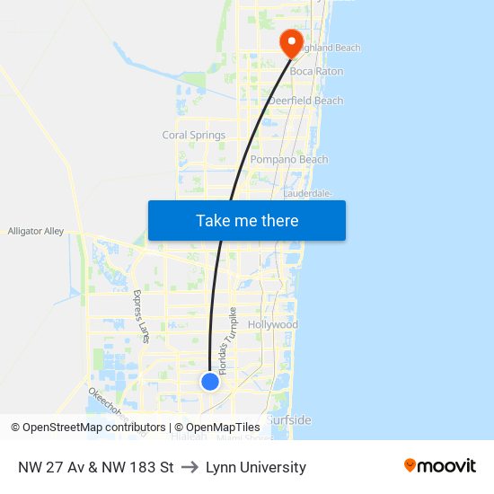 NW 27 Av & NW 183 St to Lynn University map