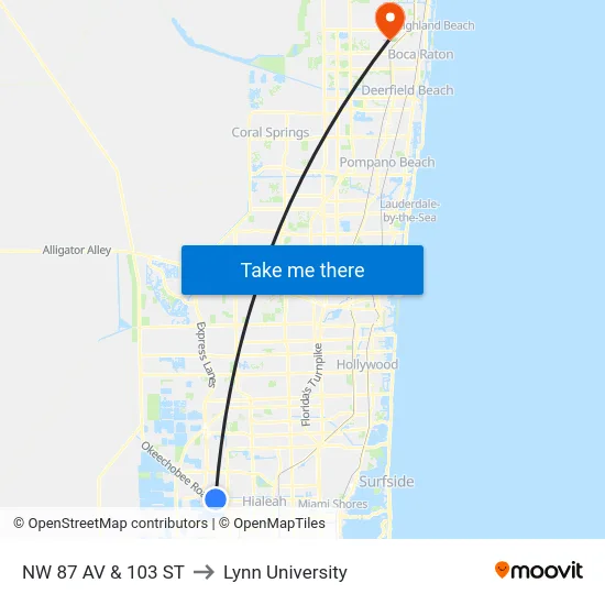 Nw 87 Av & 103 St to Lynn University map