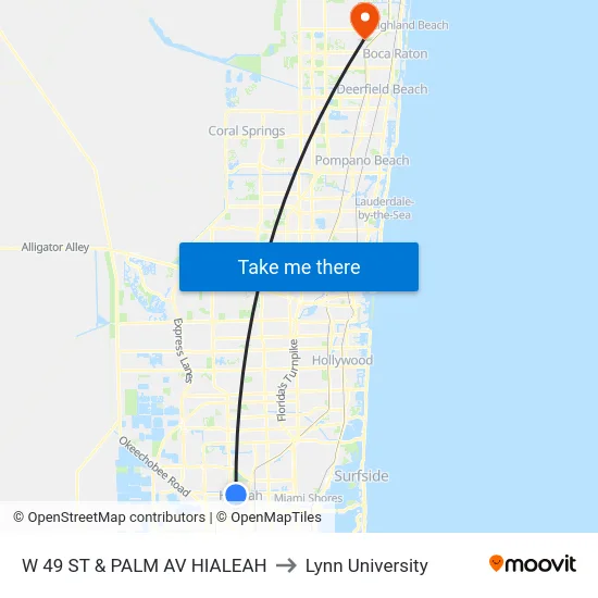 W 49 St & Palm Av Hialeah to Lynn University map