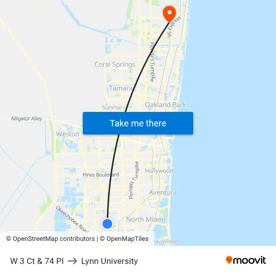 W 3 Ct & 74 Pl to Lynn University map