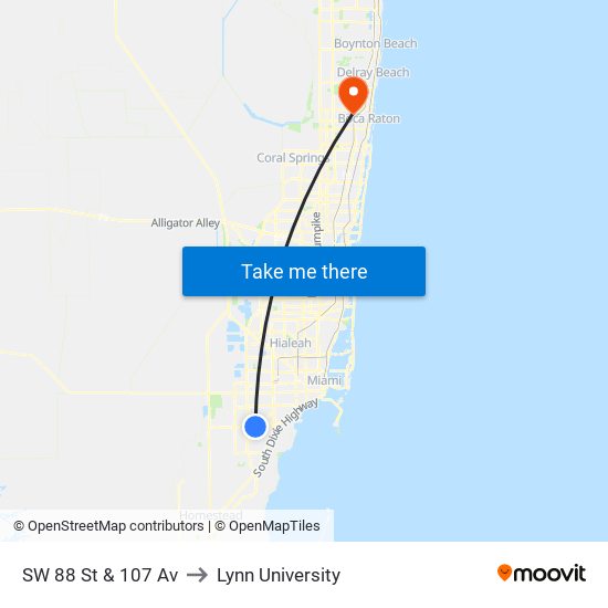 SW 88 St & 107 Av to Lynn University map