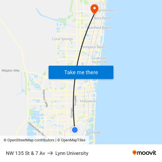 NW 135 St & 7 Av to Lynn University map