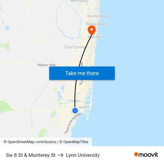 Sw 8 St & Monterey St to Lynn University map