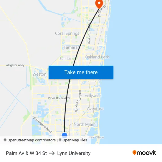 Palm Av & W 34 St to Lynn University map