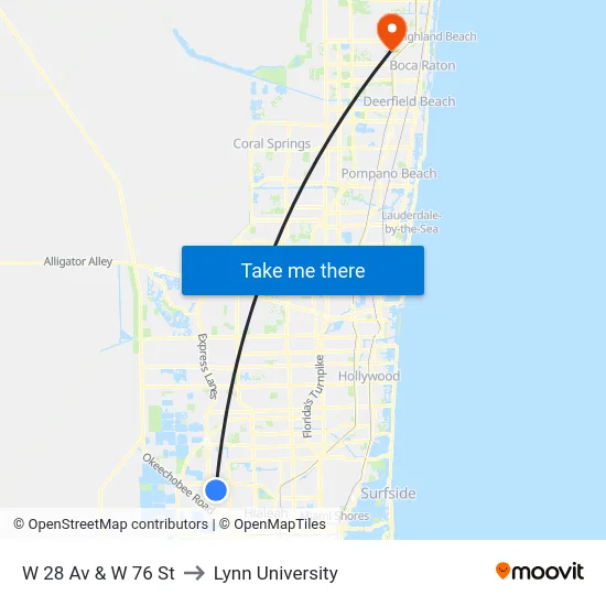 W 28 Av & W 76 St to Lynn University map