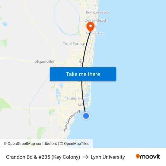 Crandon Bd & #235 (Key Colony) to Lynn University map