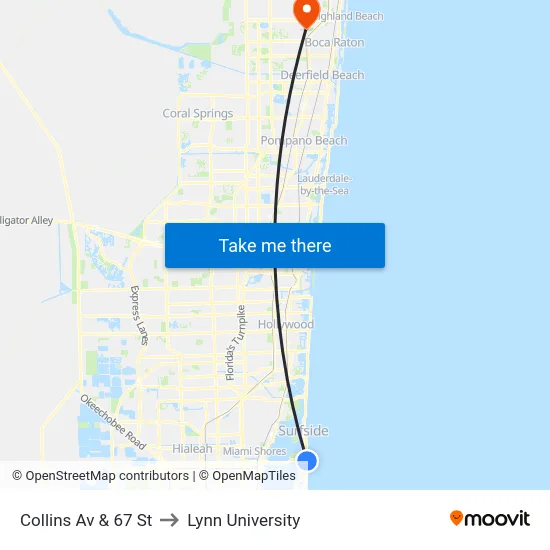 Collins Av & 67 St to Lynn University map