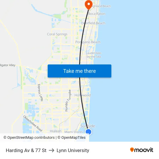 Harding Av & 77 St to Lynn University map