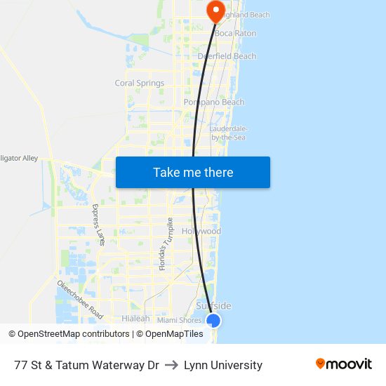 77 St & Tatum Waterway Dr to Lynn University map