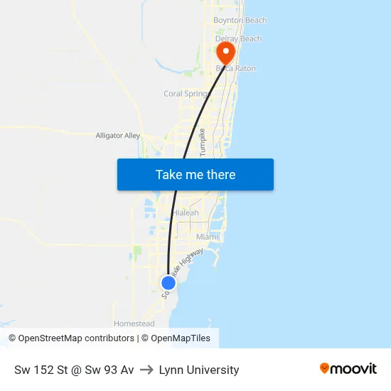 Sw 152 St @ Sw 93 Av to Lynn University map