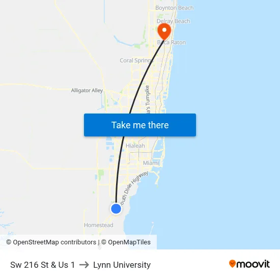 Sw 216 St & Us 1 to Lynn University map