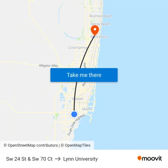 Sw 24 St & Sw 70 Ct to Lynn University map