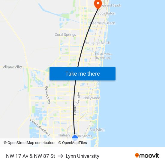 NW 17 Av & NW 87 St to Lynn University map