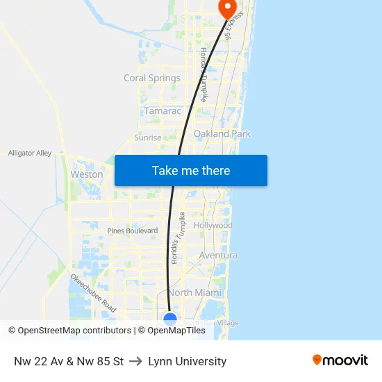 Nw 22 Av & Nw 85 St to Lynn University map