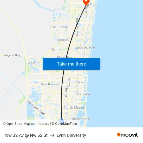 Nw 32 Av @ Nw 62 St to Lynn University map
