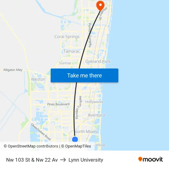 Nw 103 St & Nw 22 Av to Lynn University map