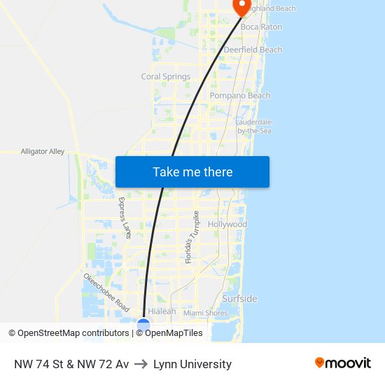 NW 74 St & NW 72 Av to Lynn University map