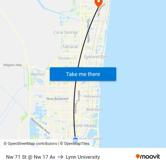 Nw 71 St @ Nw 17 Av to Lynn University map