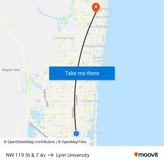 NW 119 St & 7 Av to Lynn University map